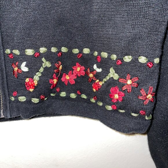 Woolrich Womens XL Black Zip-Up Sweater Floral Embroidery - Picture 2 of 7